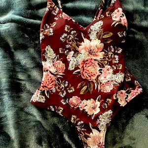 BRAND NEWburgundy  floral one piece  womens swim suit new worn brand new no tags